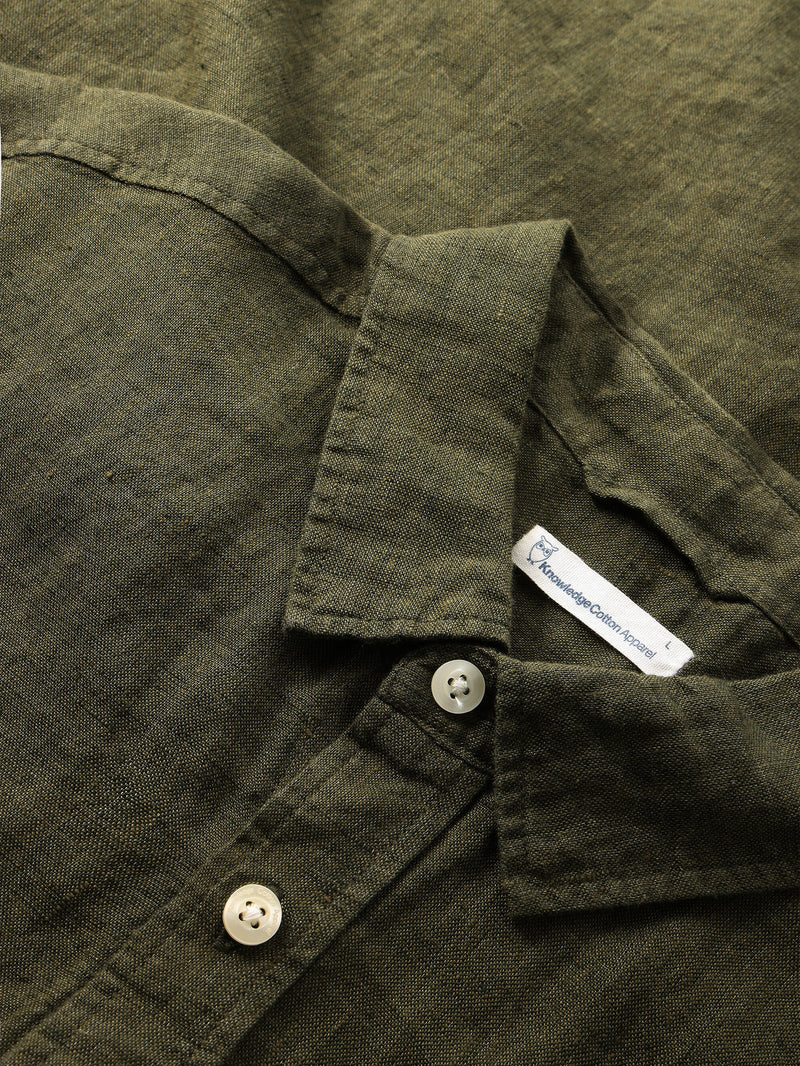 KnowledgeCotton Apparel - MEN Custom fit linen short sleeve shirt Shirts 1068 Burned Olive