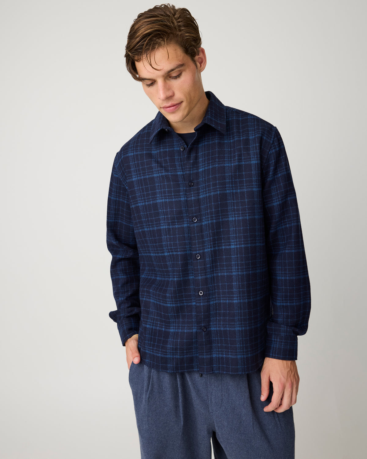 Dune regular merino check shirt - Navy
