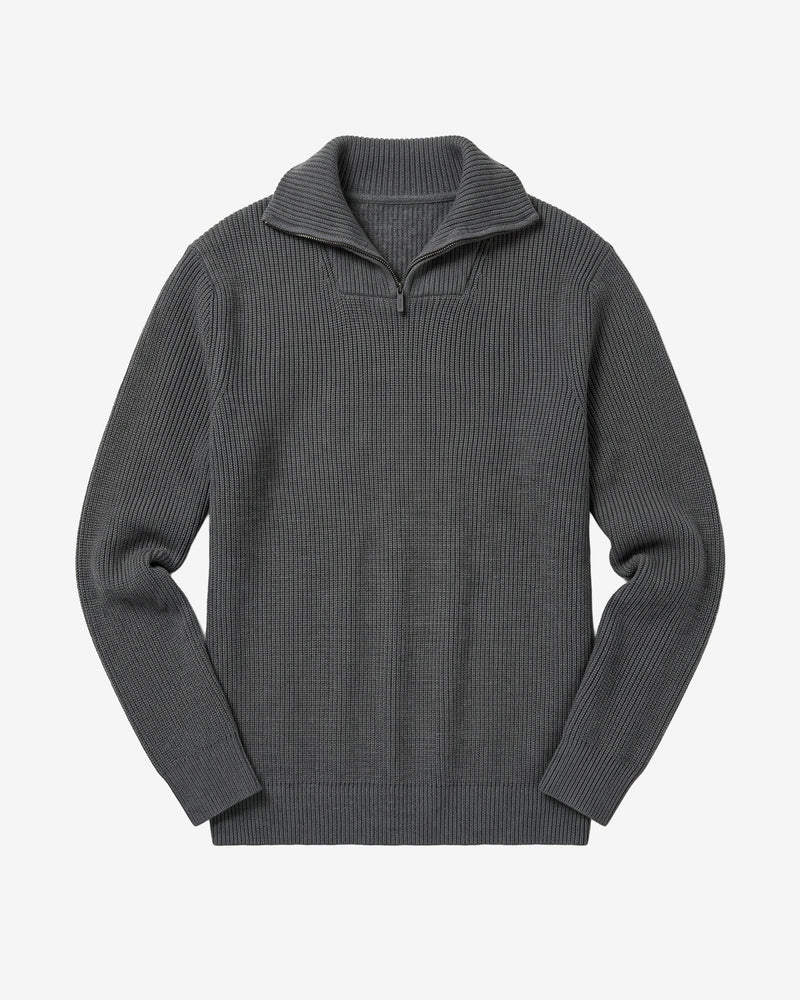 KnowledgeCotton Apparel - MEN 1/2 neck zip merino wool rib knit Knits 1073 Dark Grey Melange