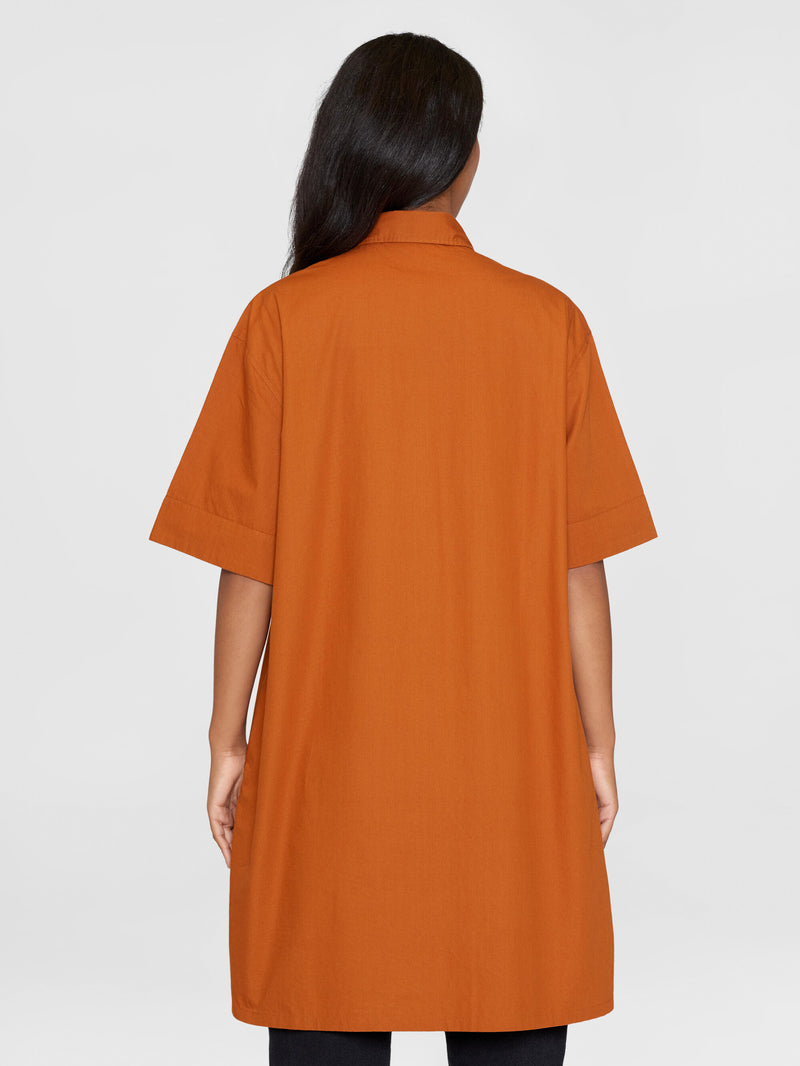 KnowledgeCotton Apparel - WMN A-shape short sleeved poplin shirt dress - GOTS/Vegan Dresses 1438 Leather Brown