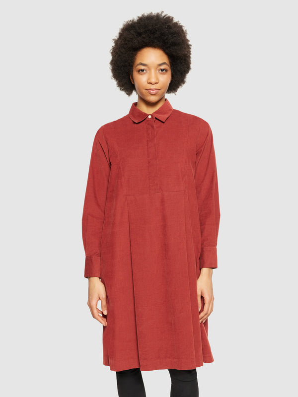 KnowledgeCotton Apparel - WMN Baby corduroy mid length shirt dress - GOTS/Vegan Dresses 1478 Fired Brick