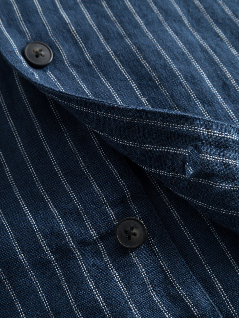 KnowledgeCotton Apparel - MEN Box fit short sleeved striped linen shirt Shirts 8010 Stripe - blue