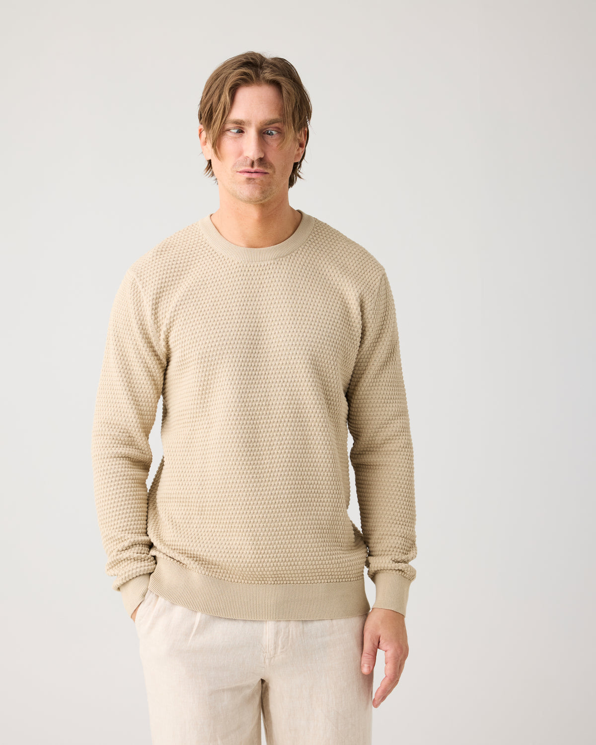 KnowledgeCotton Apparel - MEN Bubble knit crew neck Knits 1228 Light feather gray