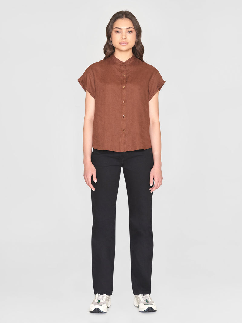 KnowledgeCotton Apparel - WMN Collar stand short sleeve linen shirt Shirts 1441 Tiramisu