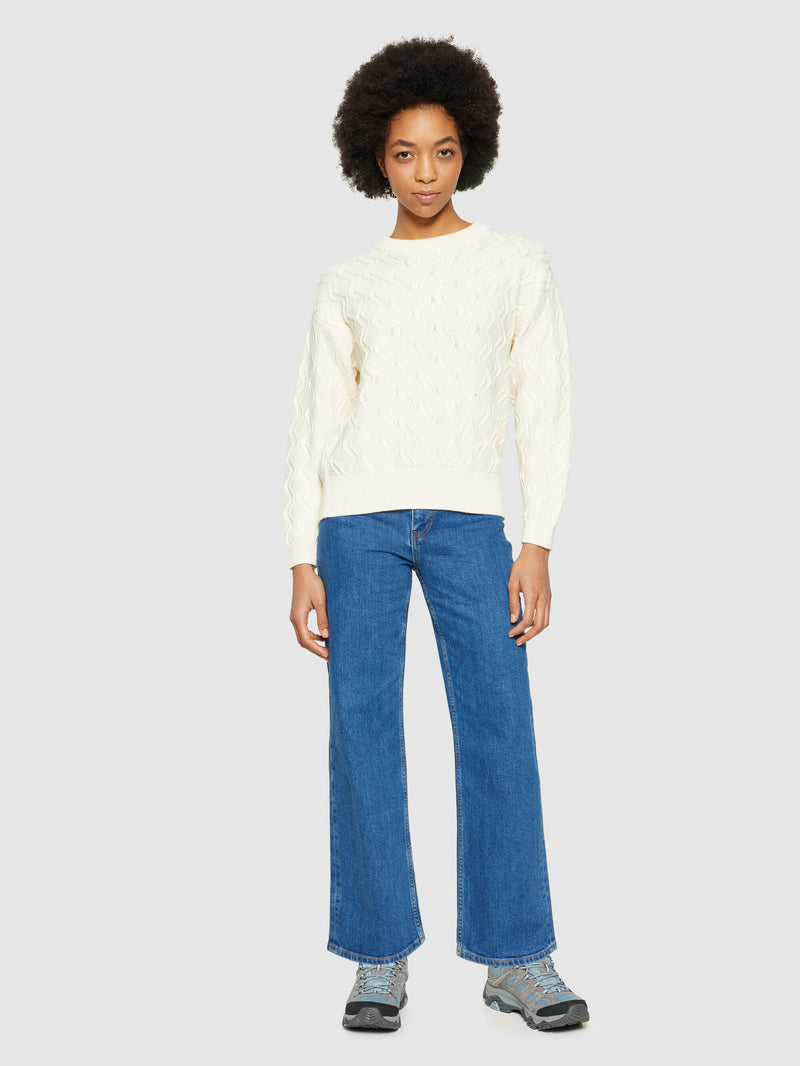 KnowledgeCotton Apparel - WMN Cotton cable crew neck - Regenerative Organic Certified® - GOTS/Vegan Knits 1387 Egret
