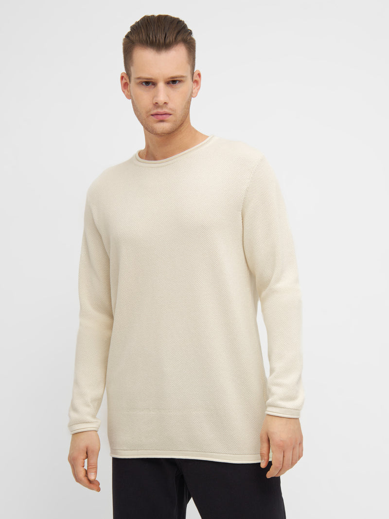 KnowledgeCotton Apparel - MEN Cotton crew neck knit with roll edge Knits 1387 Egret