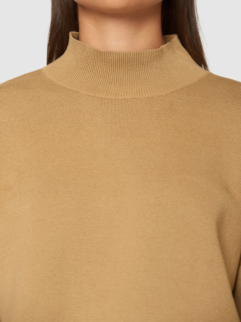 KnowledgeCotton Apparel - WMN Cotton high neck knit Knits 1336 Kelp melange