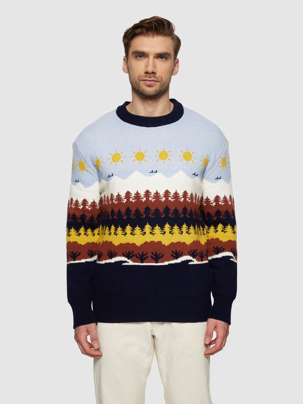 KnowledgeCotton Apparel - UNI Fair Isle crew neck knit - RWS Knits 9932 Multi color AOP