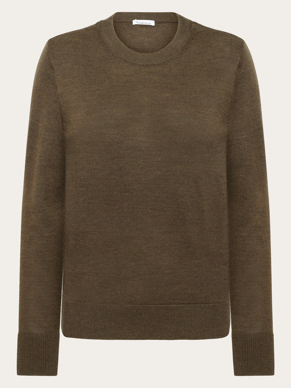 KnowledgeCotton Apparel - WMN Fine merino crew neck - RWS Knits 1100 Dark Olive