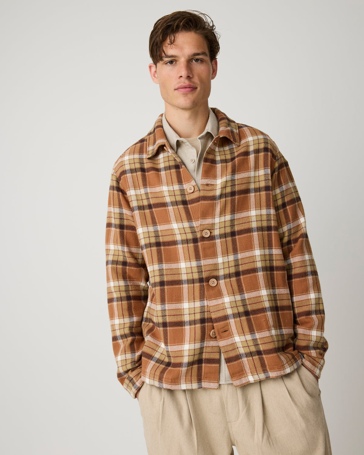 KnowledgeCotton Apparel - MEN Flannel check overshirt Overshirts 7030 Beige check