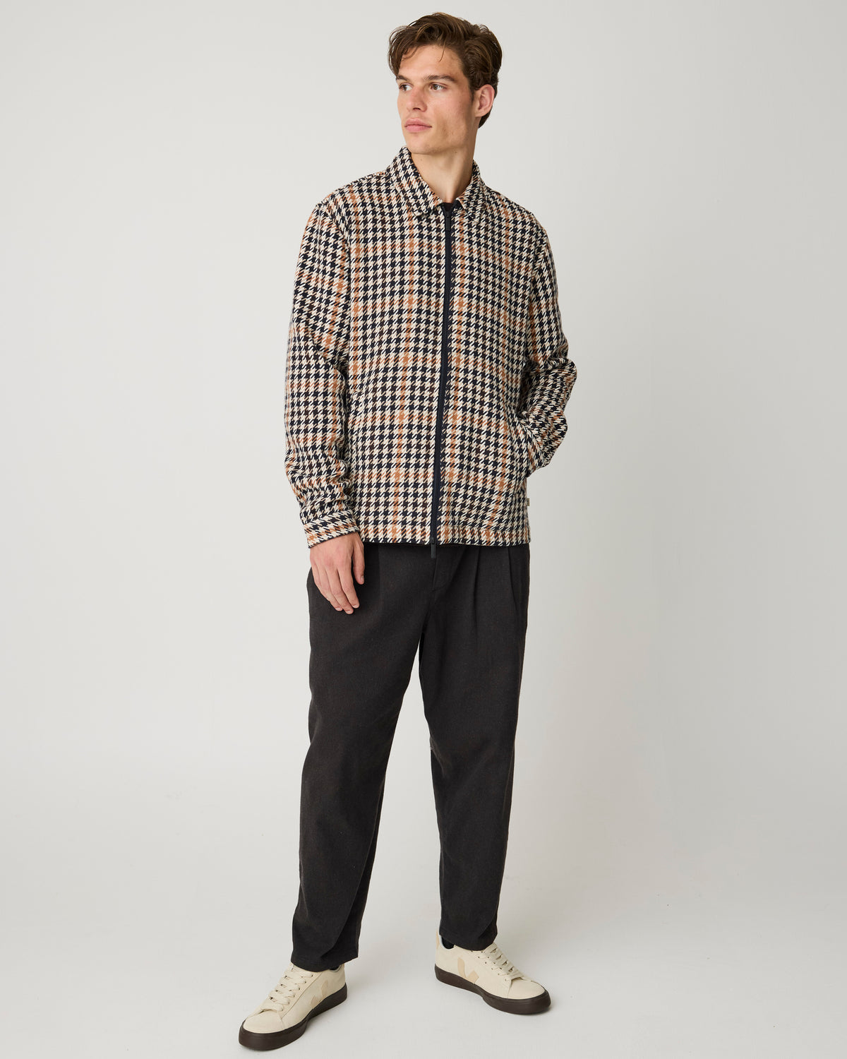 KnowledgeCotton Apparel - MEN Houndtooth zip overshirt Overshirts 7035 Dark Brown check