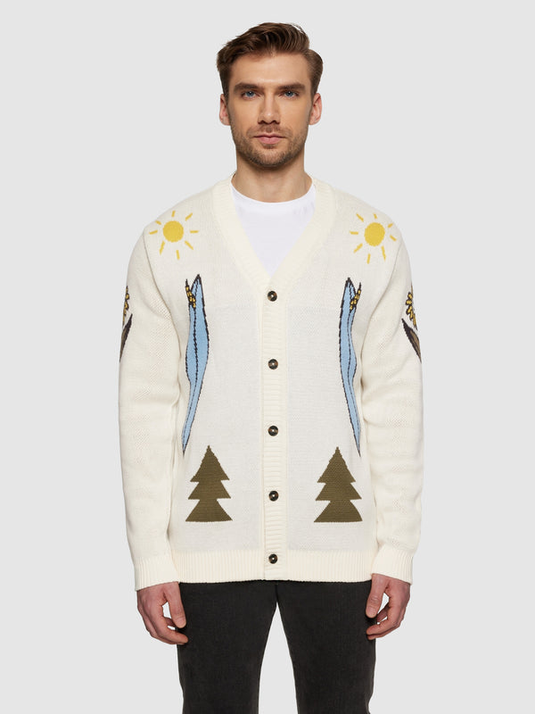 KnowledgeCotton Apparel - UNI Jacquard Trees Yes Please V-neck cotton knit cardigan - GOTS/Vegan Knits 1387 Egret