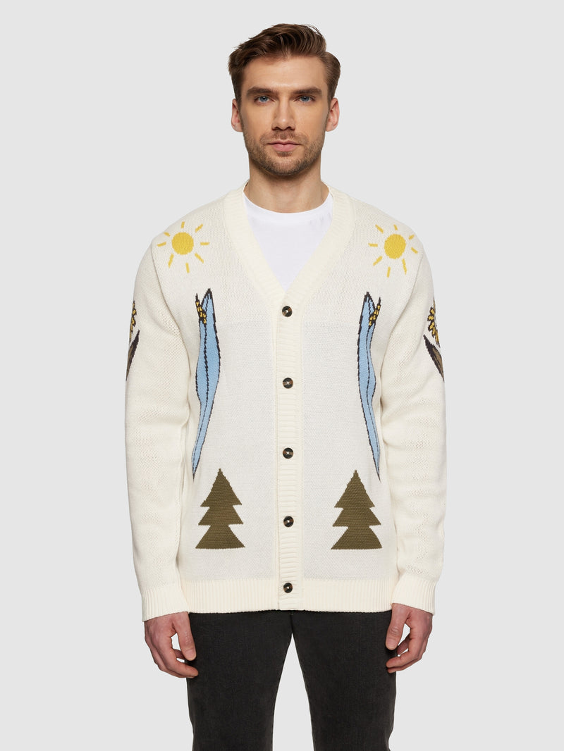 KnowledgeCotton Apparel - UNI Jacquard Trees Yes Please V-neck cotton knit cardigan - GOTS/Vegan Knits 1387 Egret