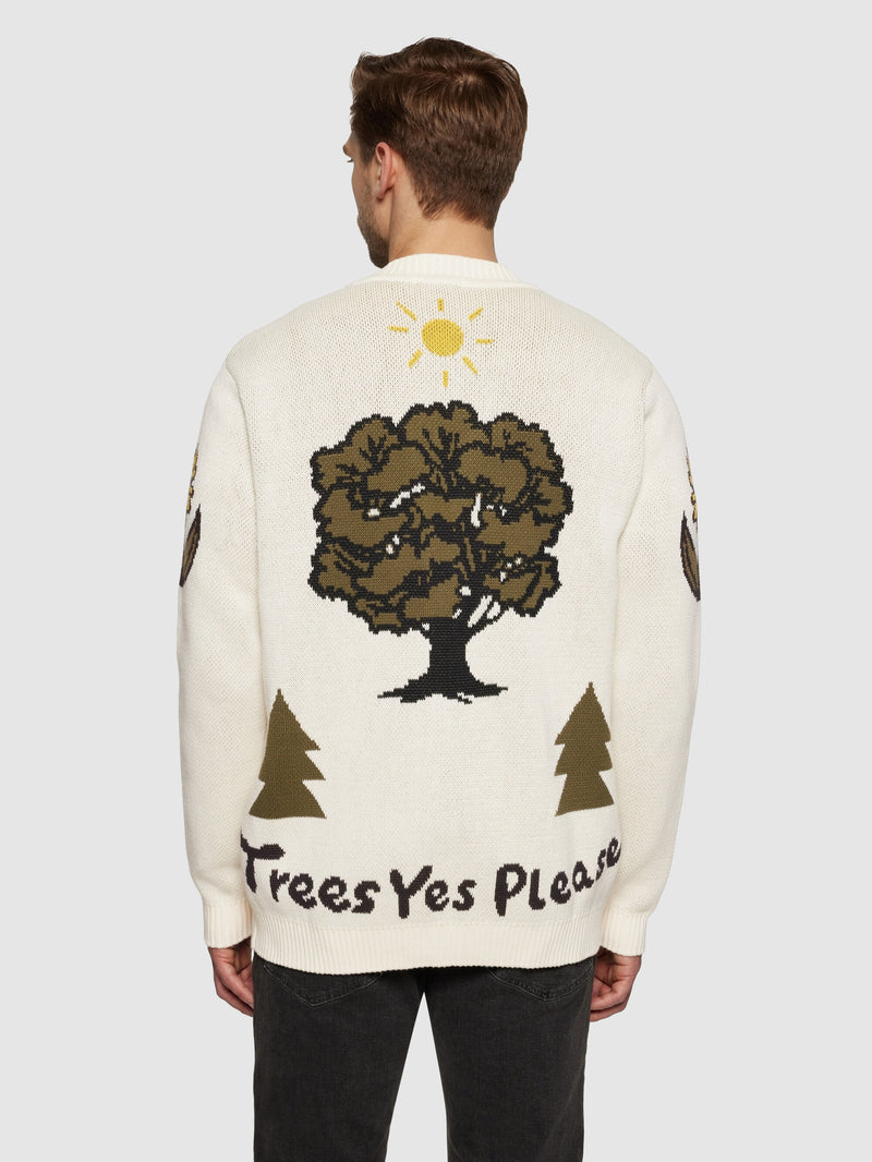 KnowledgeCotton Apparel - UNI Jacquard Trees Yes Please V-neck cotton knit cardigan - GOTS/Vegan Knits 1387 Egret