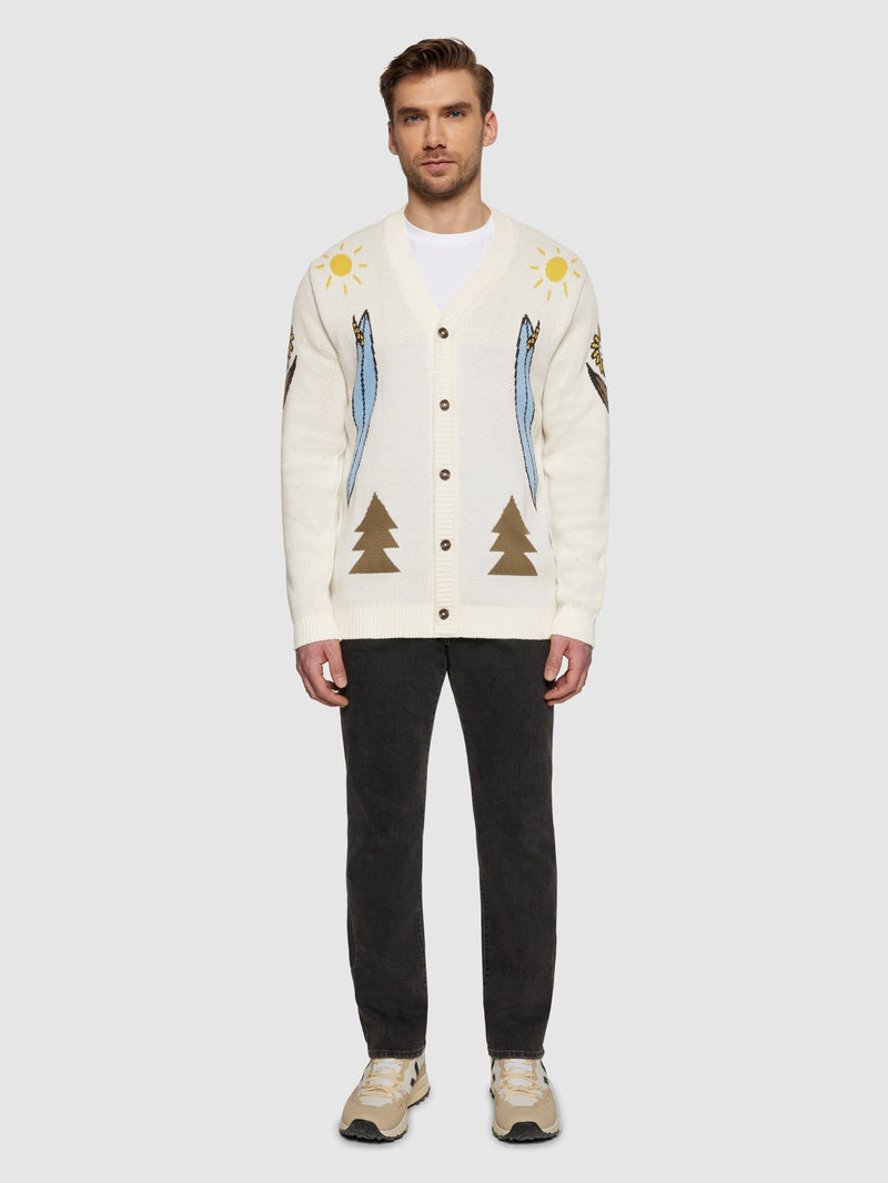 KnowledgeCotton Apparel - UNI Jacquard Trees Yes Please V-neck cotton knit cardigan - GOTS/Vegan Knits 1387 Egret