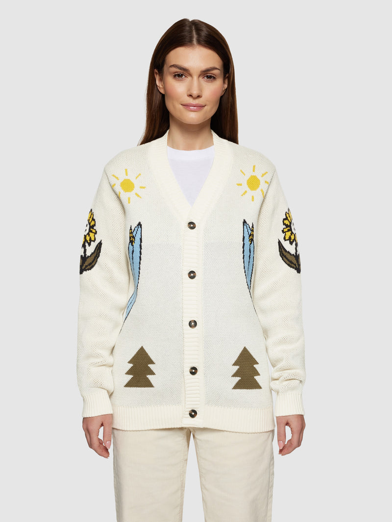 KnowledgeCotton Apparel - UNI Jacquard Trees Yes Please V-neck cotton knit cardigan - GOTS/Vegan Knits 1387 Egret