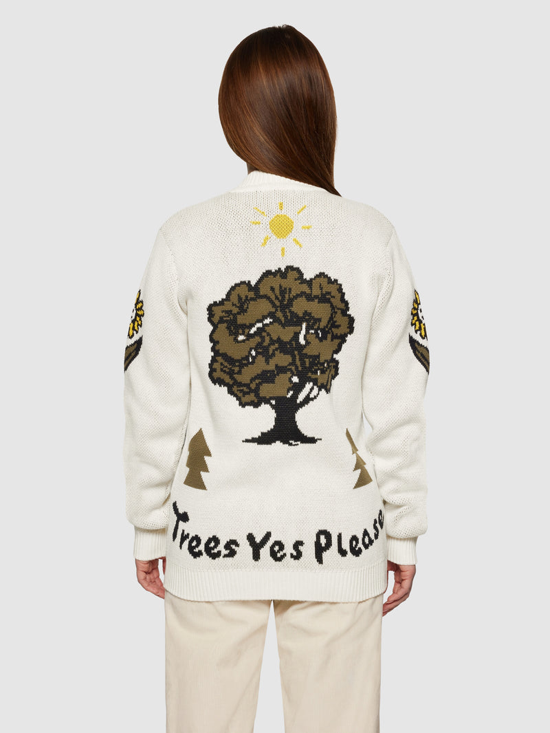 KnowledgeCotton Apparel - UNI Jacquard Trees Yes Please V-neck cotton knit cardigan - GOTS/Vegan Knits 1387 Egret