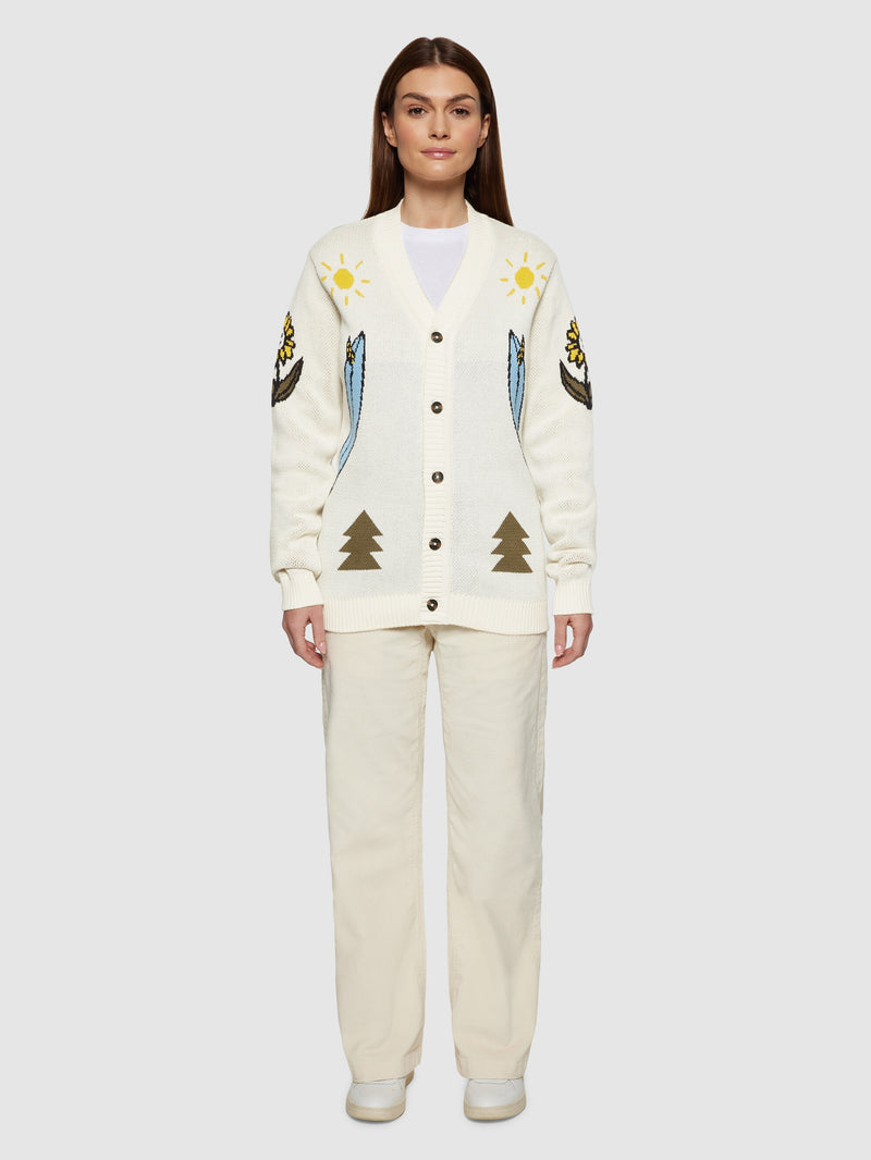KnowledgeCotton Apparel - UNI Jacquard Trees Yes Please V-neck cotton knit cardigan - GOTS/Vegan Knits 1387 Egret