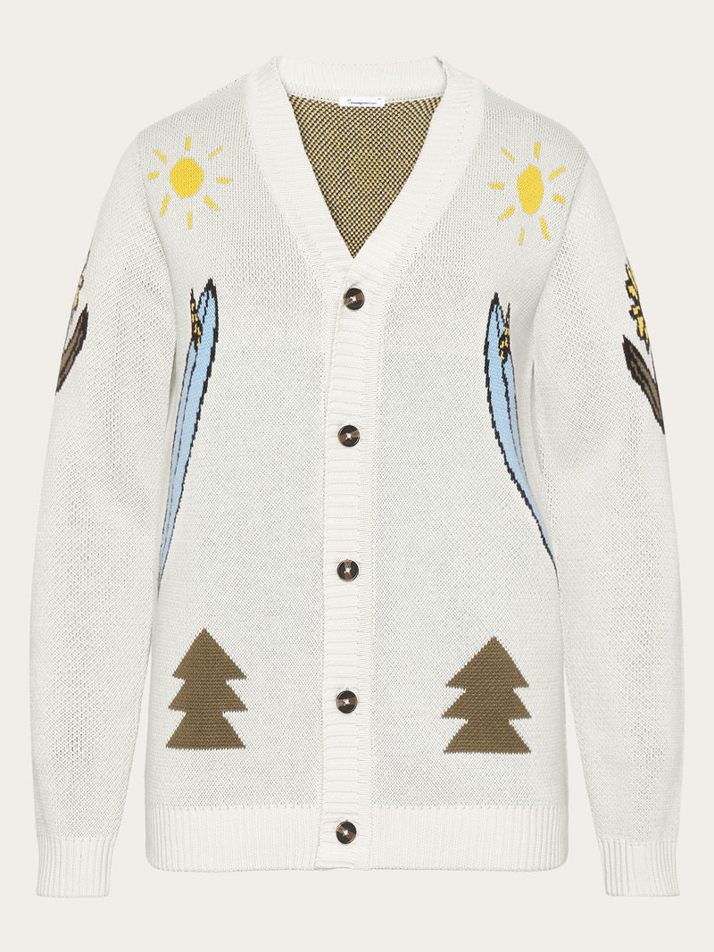 KnowledgeCotton Apparel - UNI Jacquard Trees Yes Please V-neck cotton knit cardigan - GOTS/Vegan Knits 1387 Egret