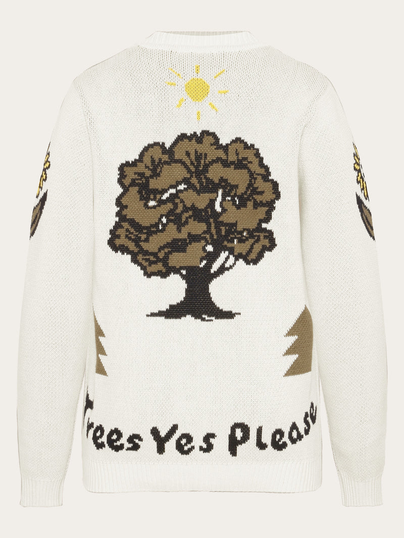 KnowledgeCotton Apparel - UNI Jacquard Trees Yes Please V-neck cotton knit cardigan - GOTS/Vegan Knits 1387 Egret