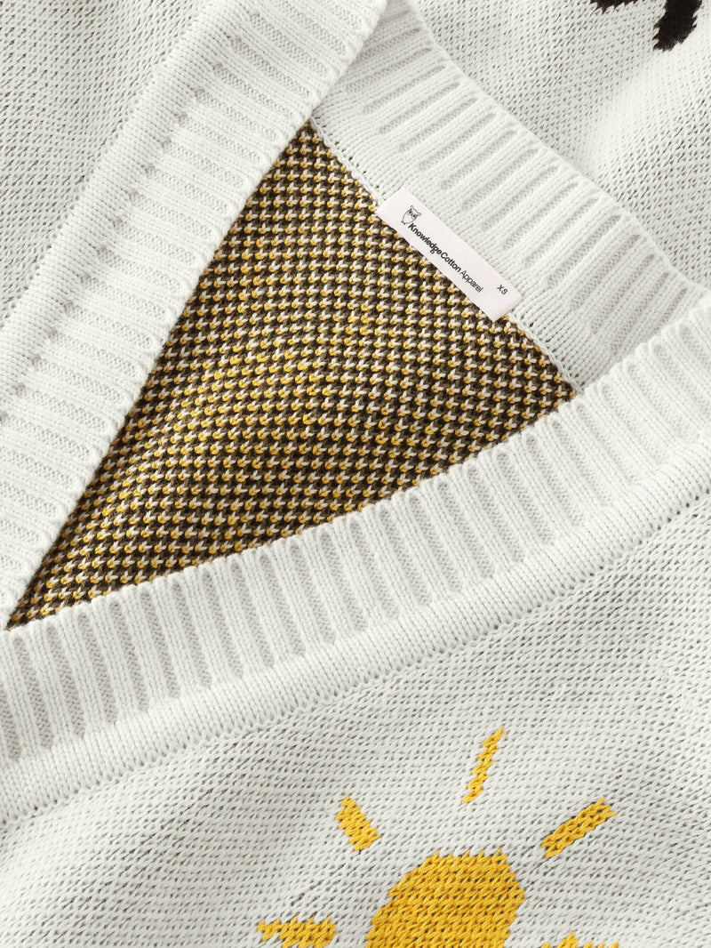 KnowledgeCotton Apparel - UNI Jacquard Trees Yes Please V-neck cotton knit cardigan - GOTS/Vegan Knits 1387 Egret