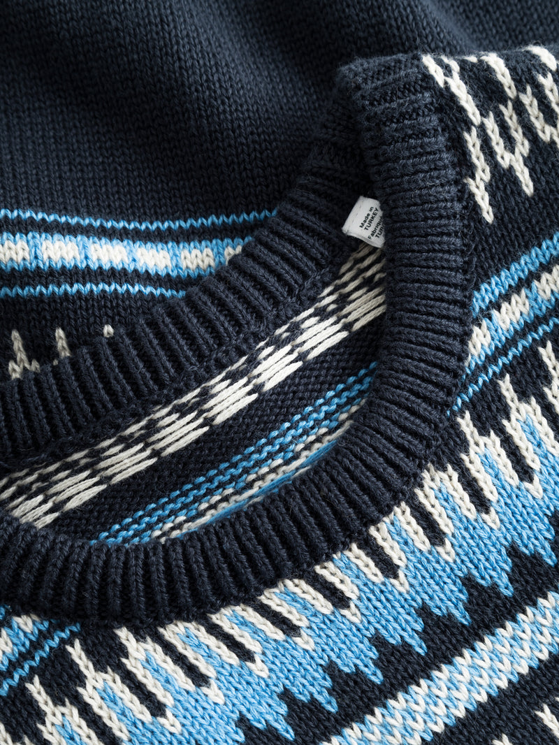KnowledgeCotton Apparel - YOUNG Jacquard knit cotton crew knit Knits 8021 Blue stripe