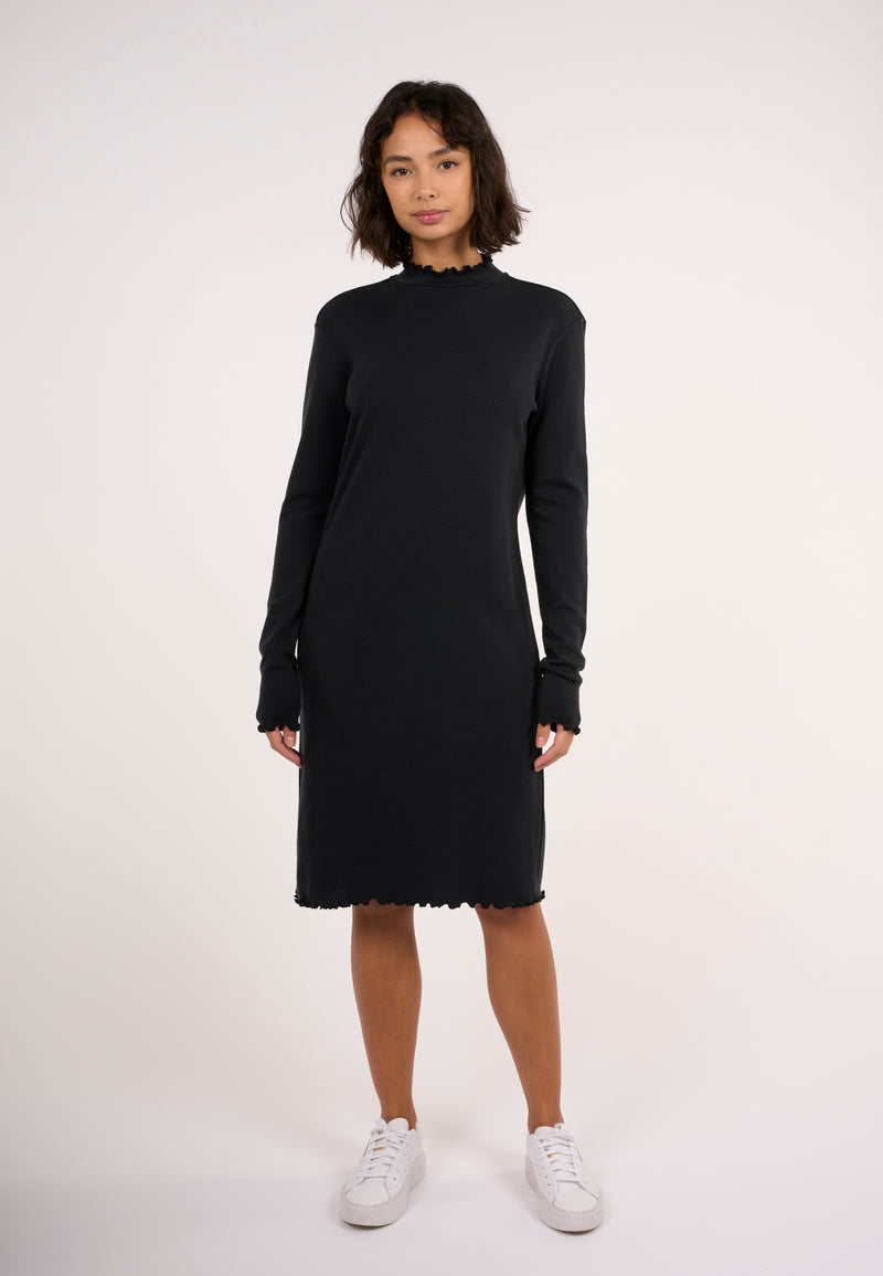 KnowledgeCotton Apparel - WMN Jersey wool high neck long sleeve merino dress Dresses 1300 Black Jet
