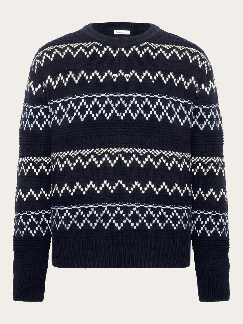 KnowledgeCotton Apparel - MEN Knitted pattern crew neck - RWS Knits 8021 Blue stripe