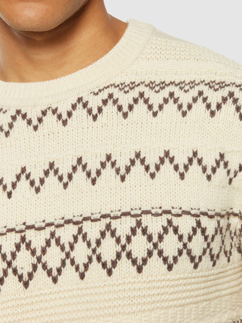 KnowledgeCotton Apparel - MEN Knitted pattern crew neck - RWS Knits 8030 Beige stripe