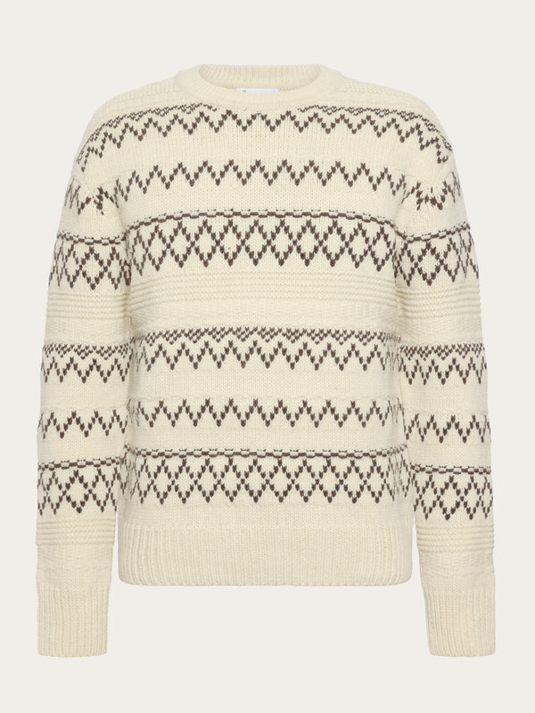 KnowledgeCotton Apparel - MEN Knitted pattern crew neck - RWS Knits 8030 Beige stripe