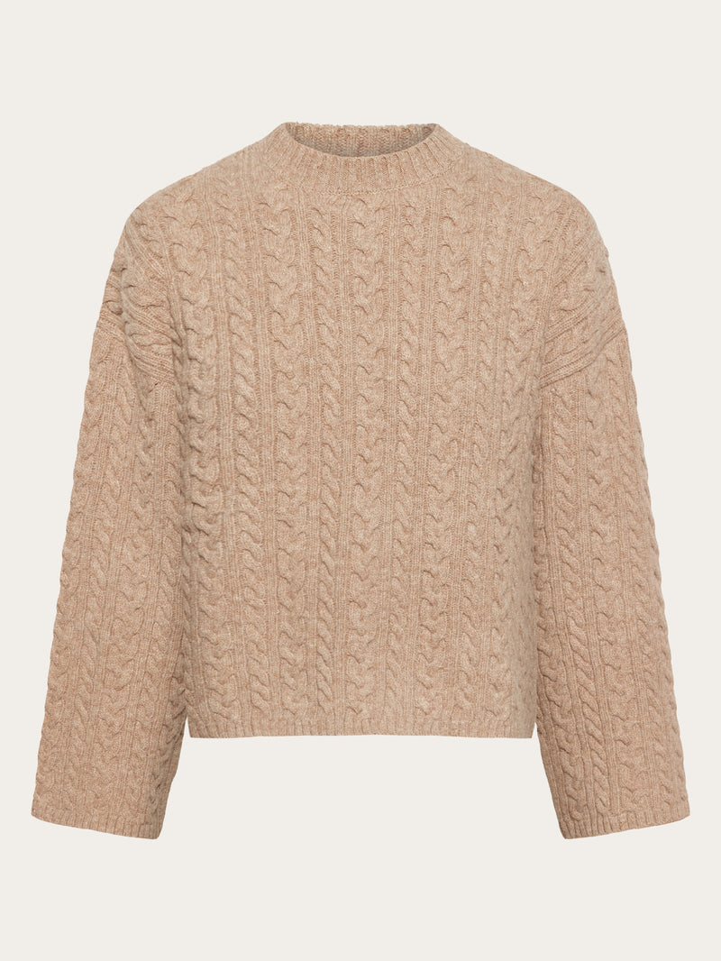 KnowledgeCotton Apparel - WMN Lambswool cable crew neck - RWS Knits 1336 Kelp melange