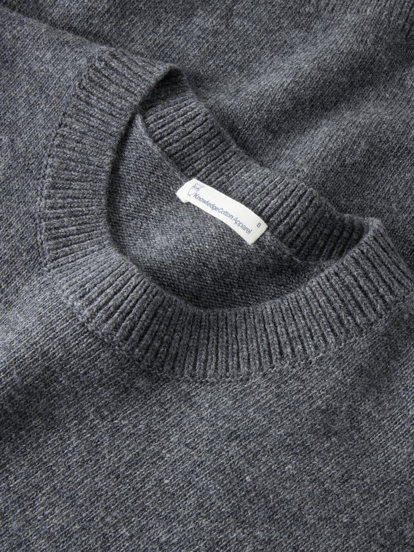 KnowledgeCotton Apparel - WMN Lambswool crew neck sweater Knits 1073 Dark Grey Melange