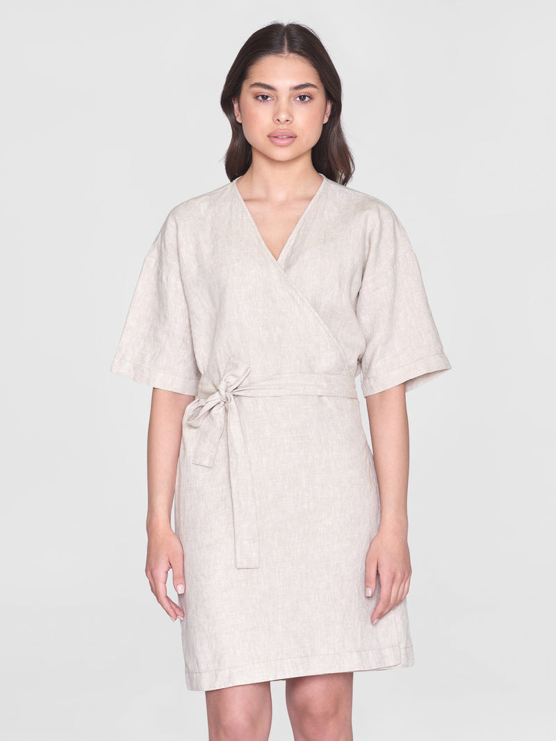 KnowledgeCotton Apparel - WMN Linen short sleeved wrap dress - GOTS/Vegan Dresses 1228 Light feather gray