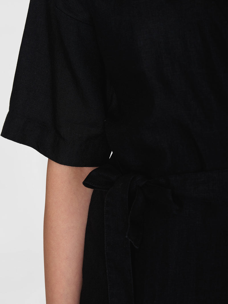 KnowledgeCotton Apparel - WMN Linen short sleeved wrap dress - GOTS/Vegan Dresses 1300 Black Jet