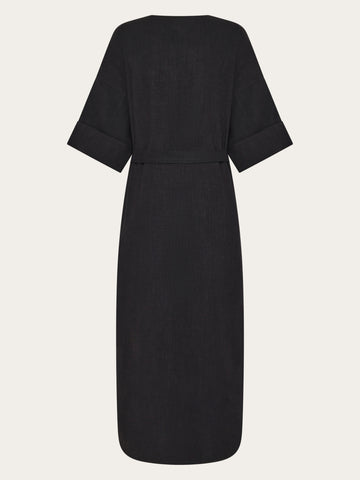 KnowledgeCotton Apparel - WMN Linen v-neck dress Dresses 1300 Black Jet