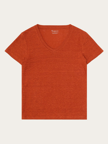 KnowledgeCotton Apparel - WMN Linen v-neck t-shirt T-shirts 1488 Burnt Brick