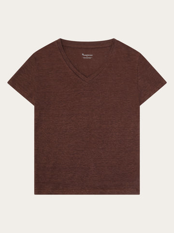 KnowledgeCotton Apparel - WMN Linen v-neck t-shirt T-shirts 1489 Shaved Chocolate