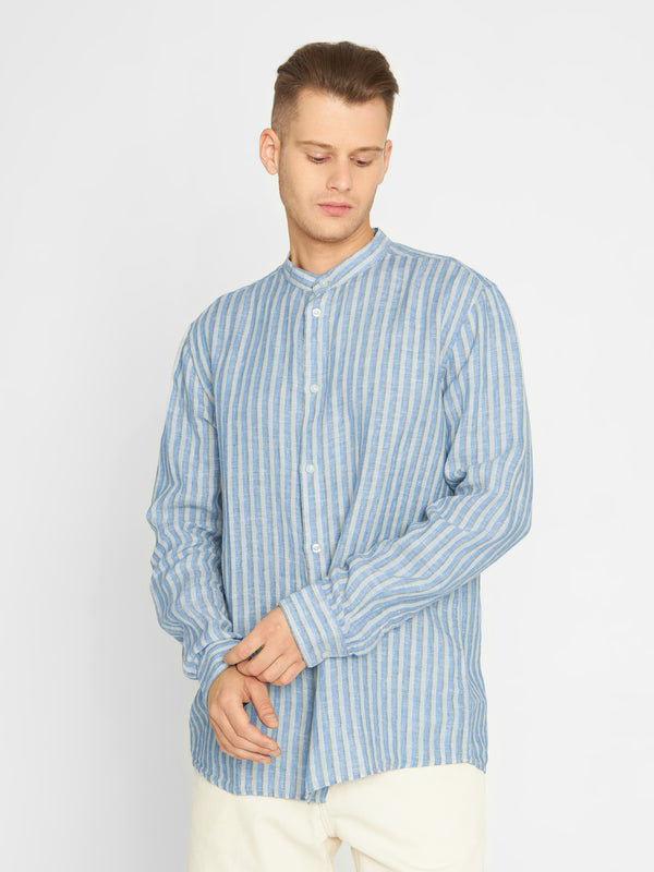 KnowledgeCotton Apparel - MEN Long sleeve striped linen custom fit shirt Shirts 8007 Stripe