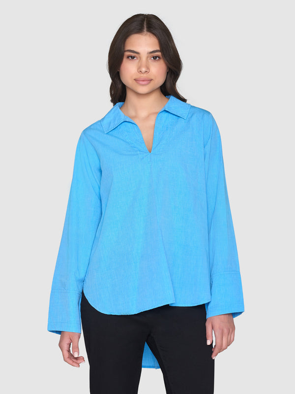 KnowledgeCotton Apparel - WMN Loose A-shape chambray shirt - GOTS/Vegan Shirts 1445 Malibu Blue