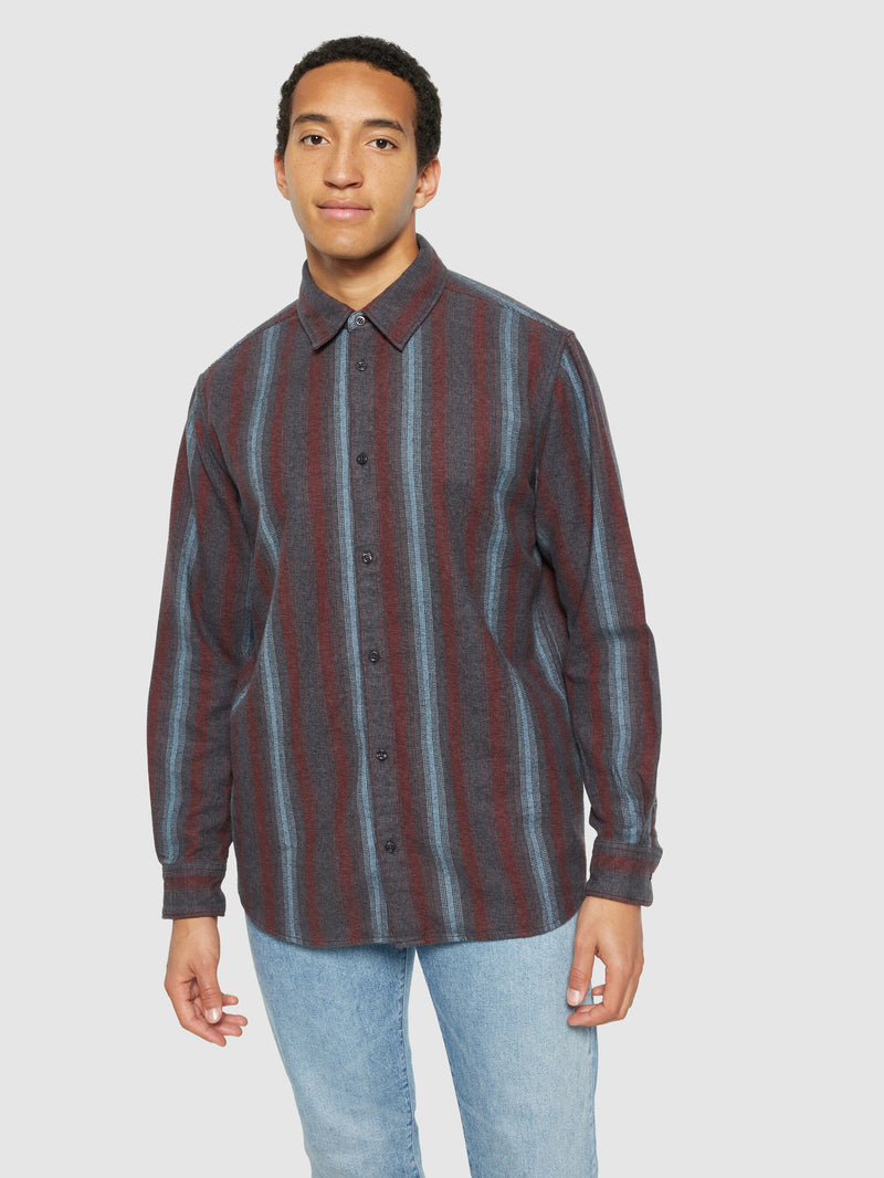 KnowledgeCotton Apparel - MEN Loose fit striped flannel shirt - GOTS/Vegan Shirts 8021 Blue stripe