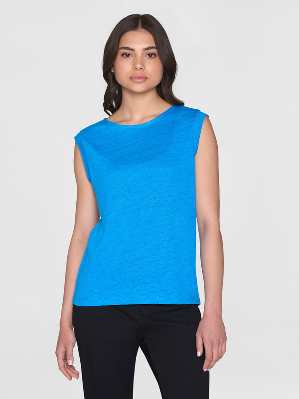 KnowledgeCotton Apparel - WMN Loose fold up linen t-shirt T-shirts 1445 Malibu Blue