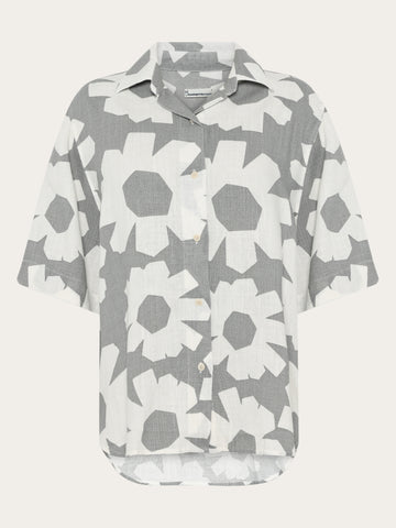 KnowledgeCotton Apparel - WMN Loose linen-mix print short sleeve shirt Shirts 9931 Grey