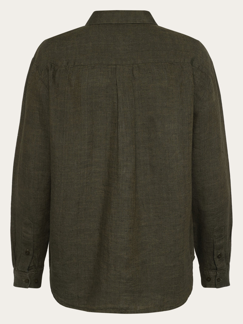 KnowledgeCotton Apparel - WMN Loose linen long sleeved shirt - GOTS/Vegan Shirts 1068 Burned Olive