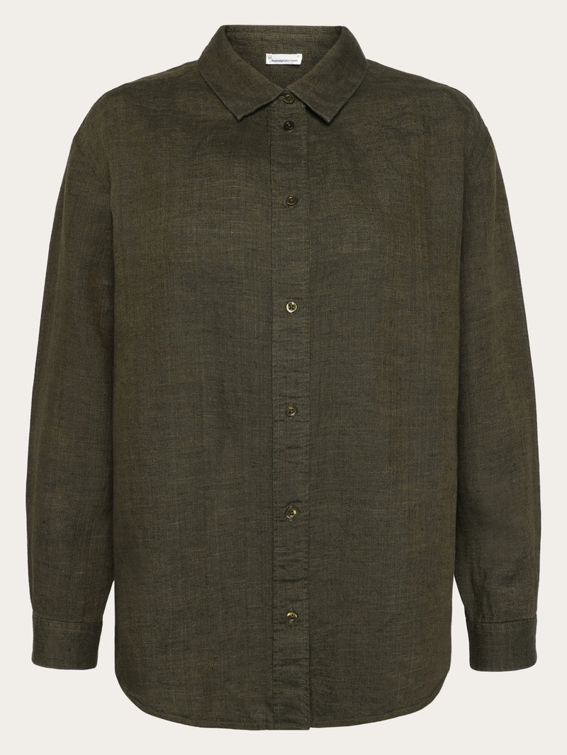 KnowledgeCotton Apparel - WMN Loose linen long sleeved shirt - GOTS/Vegan Shirts 1068 Burned Olive