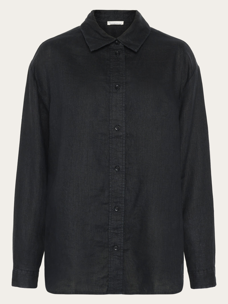 KnowledgeCotton Apparel - WMN Loose linen long sleeved shirt - GOTS/Vegan Shirts 1300 Black Jet