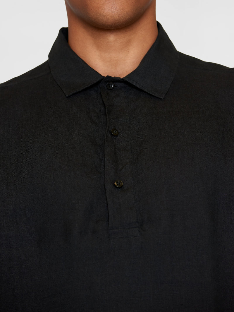 KnowledgeCotton Apparel - MEN Loose linen polo shirt - GOTS/Vegan Shirts 1300 Black Jet