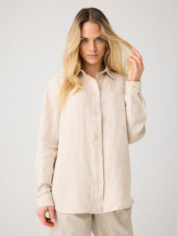 KnowledgeCotton Apparel - WMN Loose linen shirt Shirts 1449 Yarndyed - Light feather gray