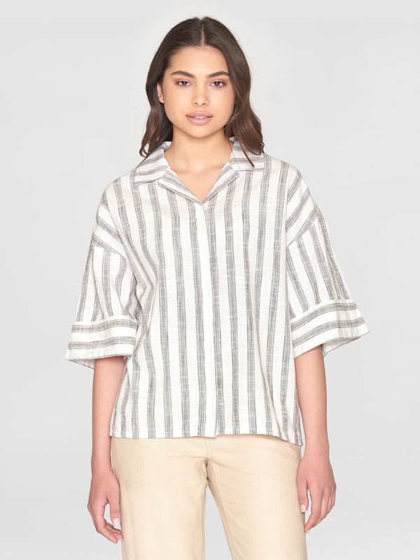 KnowledgeCotton Apparel - WMN Loose multicolored stripe short sleeved shirt - - GOTS/Vegan Shirts 8026 Brown stripe