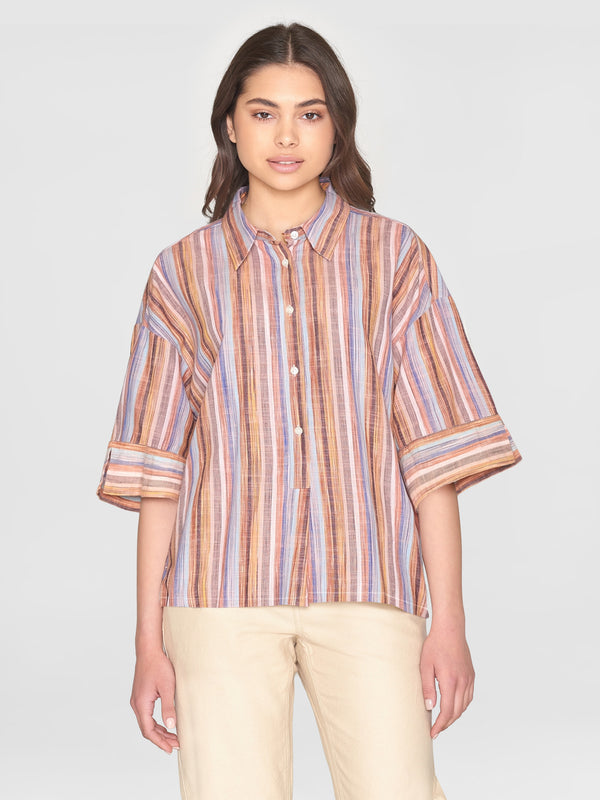 KnowledgeCotton Apparel - WMN Loose multicolored stripe short sleeved shirt - - GOTS/Vegan Shirts 8032 Multi color stripe