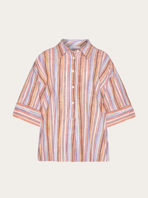 KnowledgeCotton Apparel - WMN Loose multicolored stripe short sleeved shirt - - GOTS/Vegan Shirts 8032 Multi color stripe